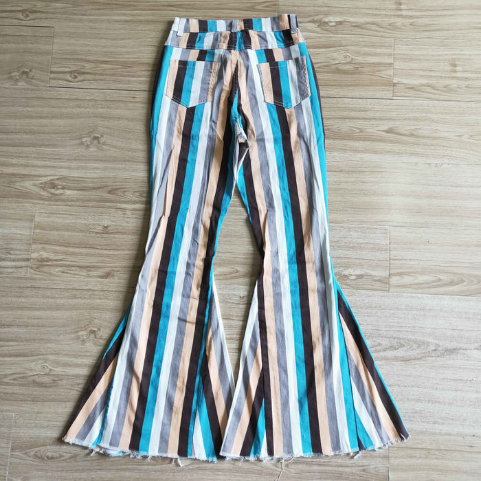Adult blue stripes denim bell bottom jeans    P0009