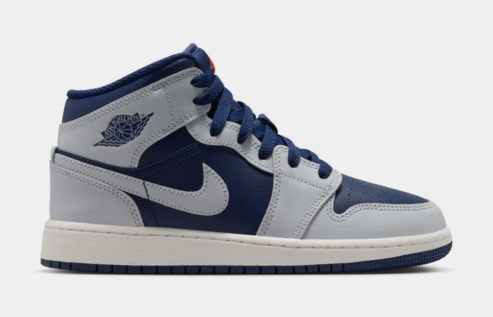 Air Jordan 1 Mid Grade School Lifestyle Shoes ( Blue Void/Summit White/Hot Lava/Pure Platinum)