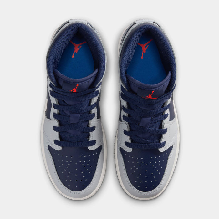 Air Jordan 1 Mid Grade School Lifestyle Shoes ( Blue Void/Summit White/Hot Lava/Pure Platinum)