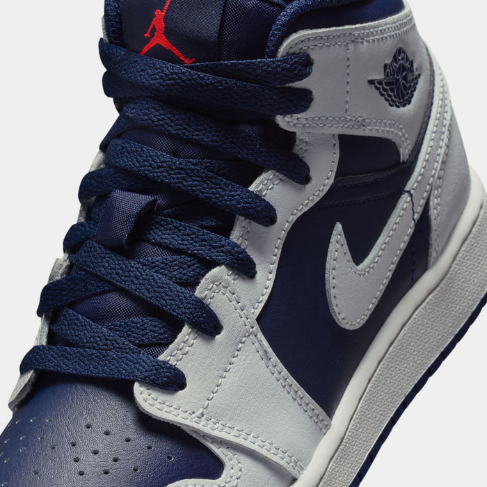 Air Jordan 1 Mid Grade School Lifestyle Shoes ( Blue Void/Summit White/Hot Lava/Pure Platinum)