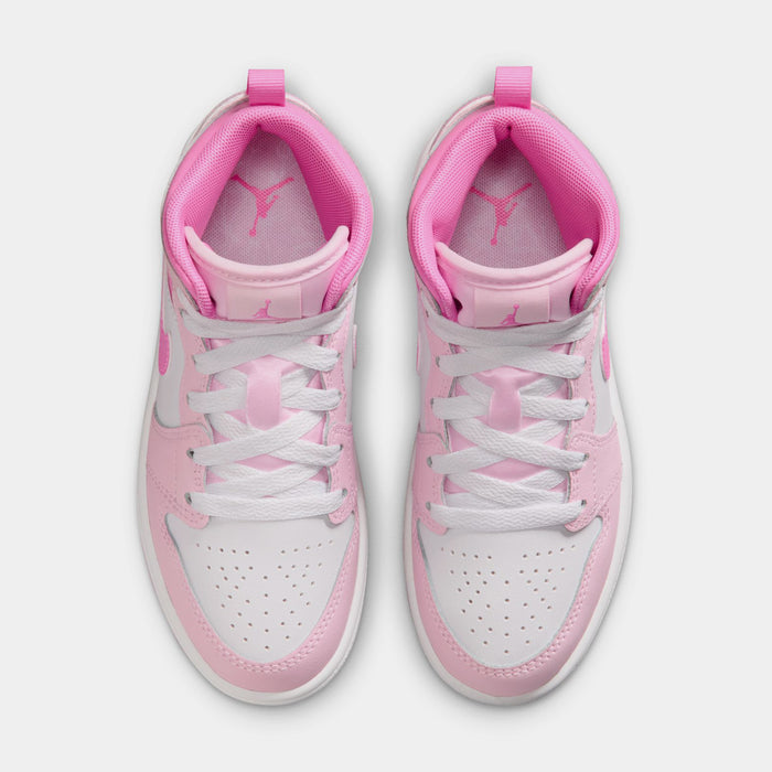 Air Jordan 1 Mid Preschool Shoes (Pink Foam/China Rose/White)