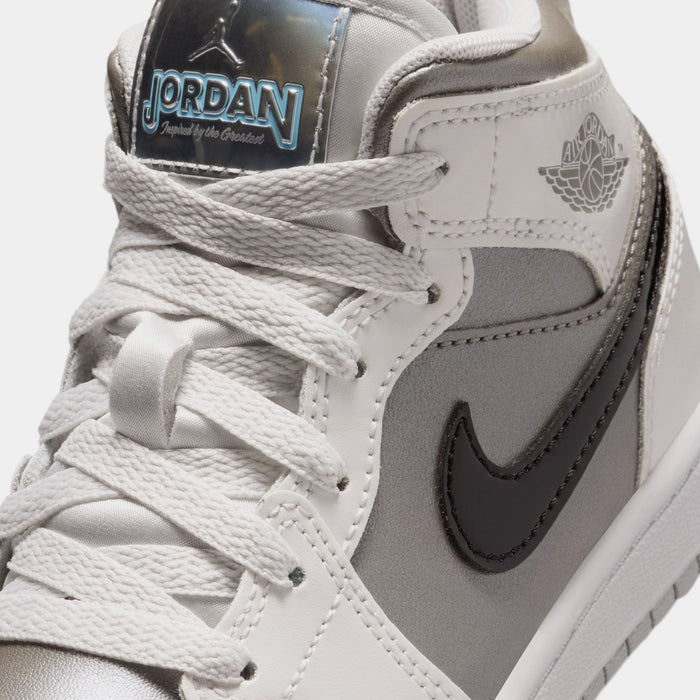 Air Jordan 1 Mid SE Preschool Lifestyle Shoes (Photon Dust/Flat Pewter/Black/Blue Chill)