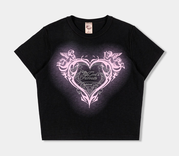 Angel Love Cropped Womens Short Sleeve Shirt (Black/Pink)