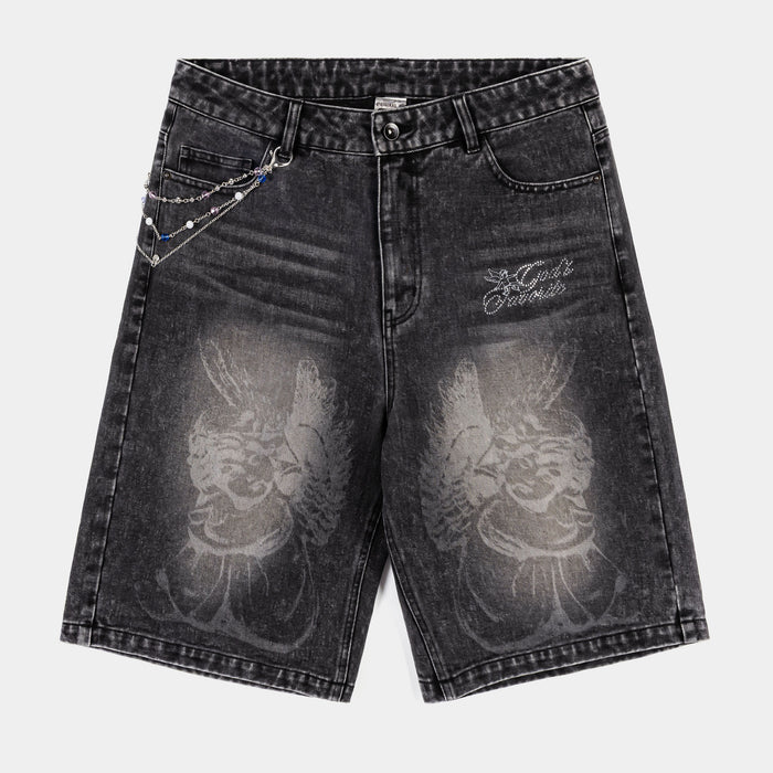 Angel Waistchain Denim Womens Shorts (Black/Pink)