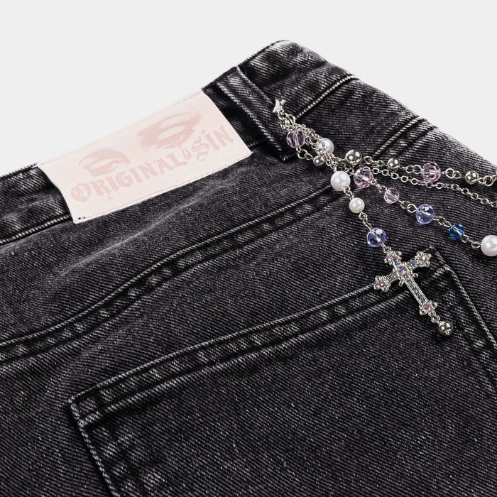 Angel Waistchain Denim Womens Shorts (Black/Pink)
