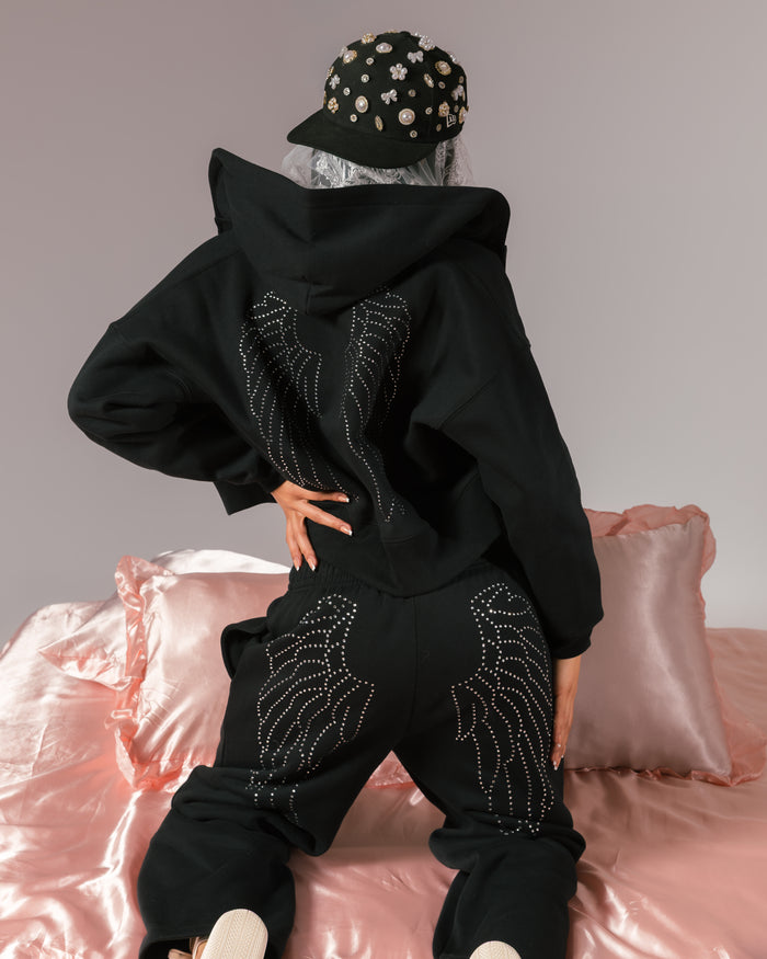 Angel Wings Fleece Womens Sweatpants (Black/Pink)