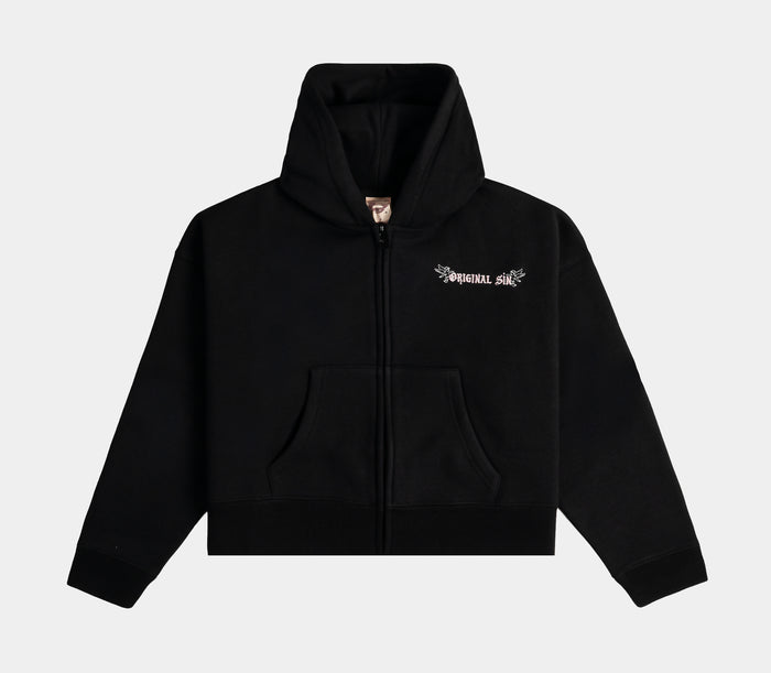 Angel Wings Fleece Zip Up Womens Hoodie - (Black/Pink)
