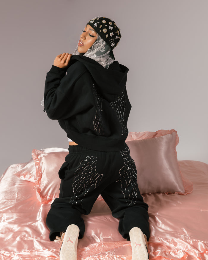 Angel Wings Fleece Zip Up Womens Hoodie - (Black/Pink)