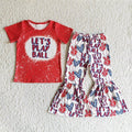 B0-12 Let's Play Ball Red Top Baseball Bell Pants Girls Clothes Set