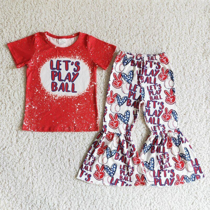B0-12 Let's Play Ball Red Top Baseball Bell Pants Girls Clothes Set
