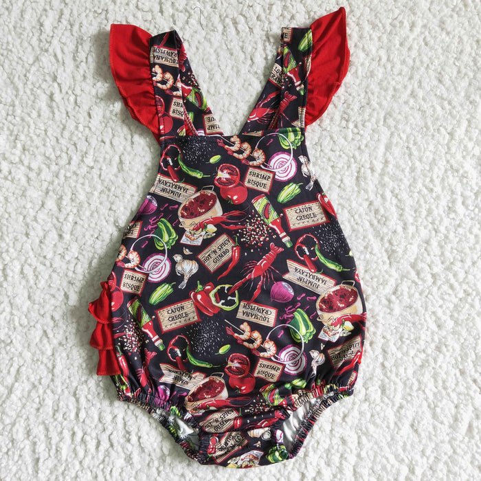 B0-9 Crayfish Food Print Baby Girls Summer Bubble Romper