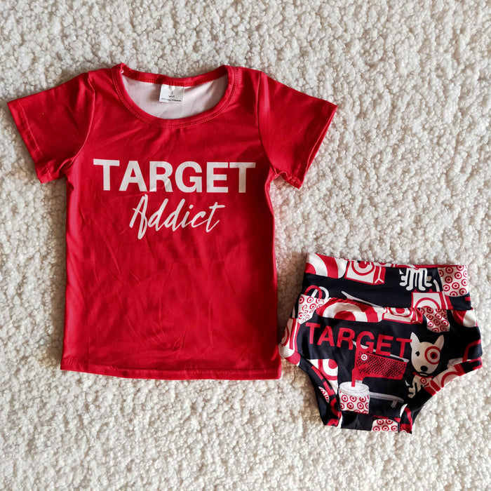 B10-23 Cartoon Dog TARGE* Red Top Shorts Baby Girls Summer Bummie Set