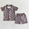 B14-25 Leopard Print Girls Summer Button Pajamas Clothes Set