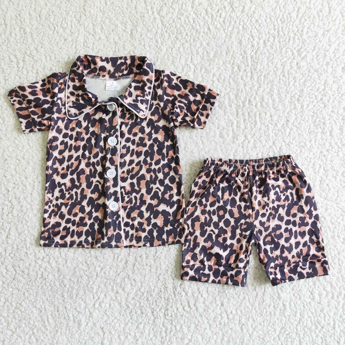 B14-25 Leopard Print Girls Summer Button Pajamas Clothes Set