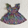 B15-13 Colorful Leopard Print Girls Summer Flutter Sleeve Dress