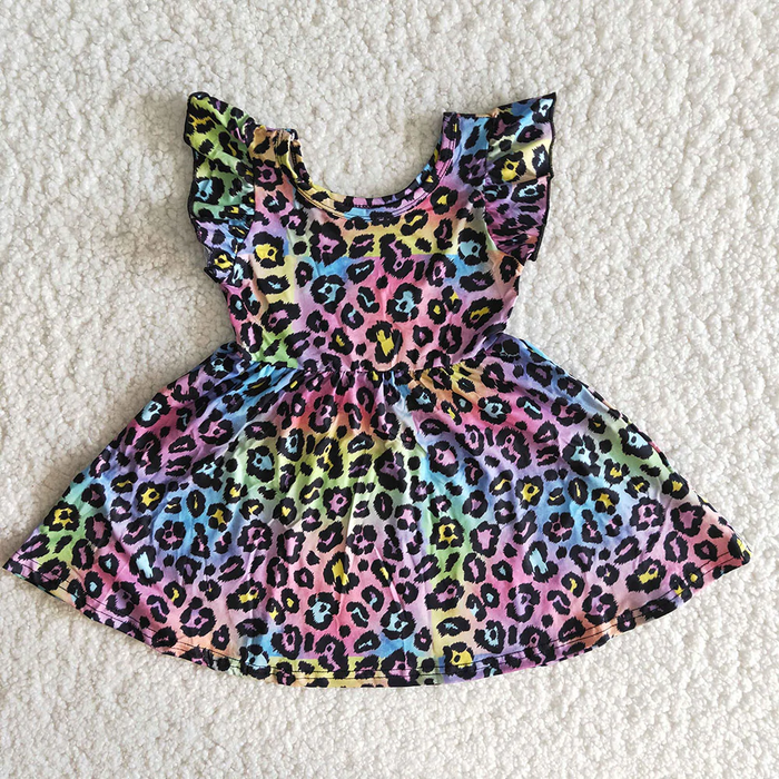 B15-13 Colorful Leopard Print Girls Summer Flutter Sleeve Dress
