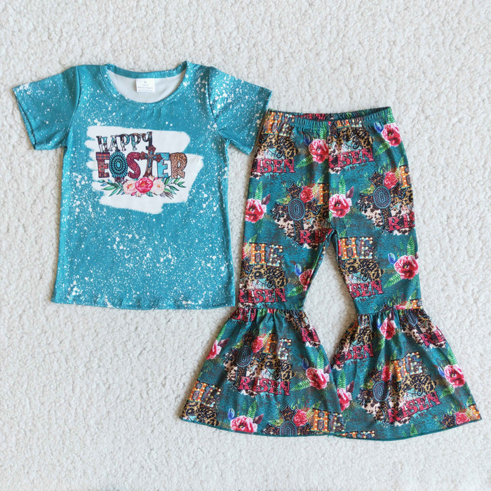 B2-12 Happy Easter Blue Top Flowers Leopard Bell Pants Girls Clothes Set