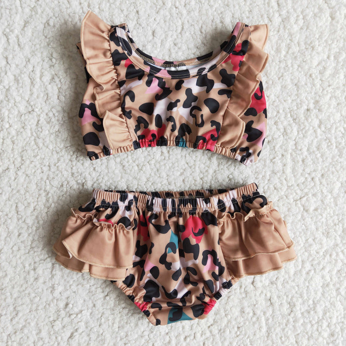 B2-3 Leopard Print Ruffle Baby Girls 2pcs  Swimsuits