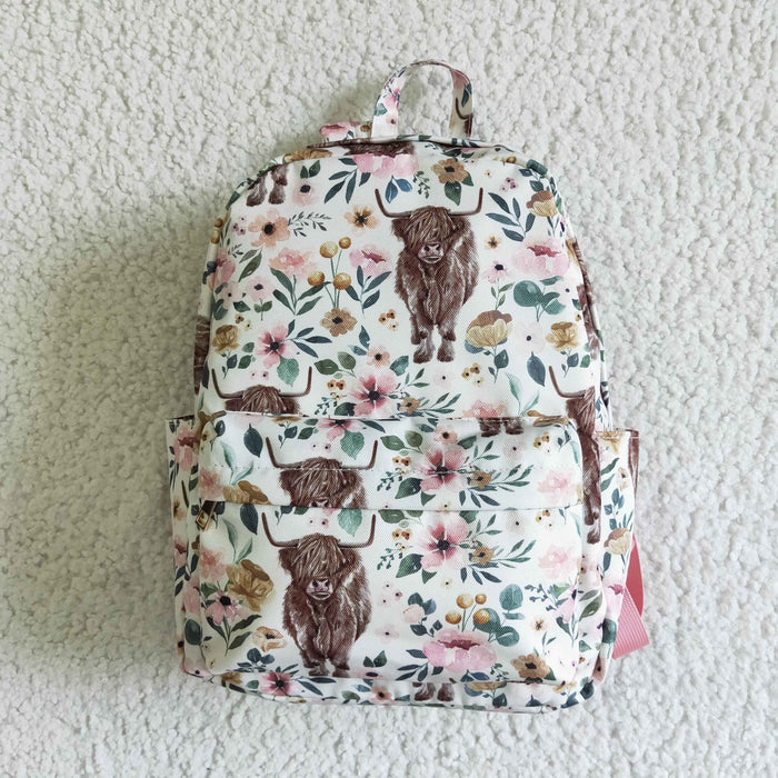 BA0007 Highland Cow Flowers Print Baby Girls Western Backpack Kids Bags