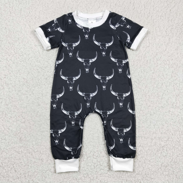 Baby black cow print western romper   SR0142