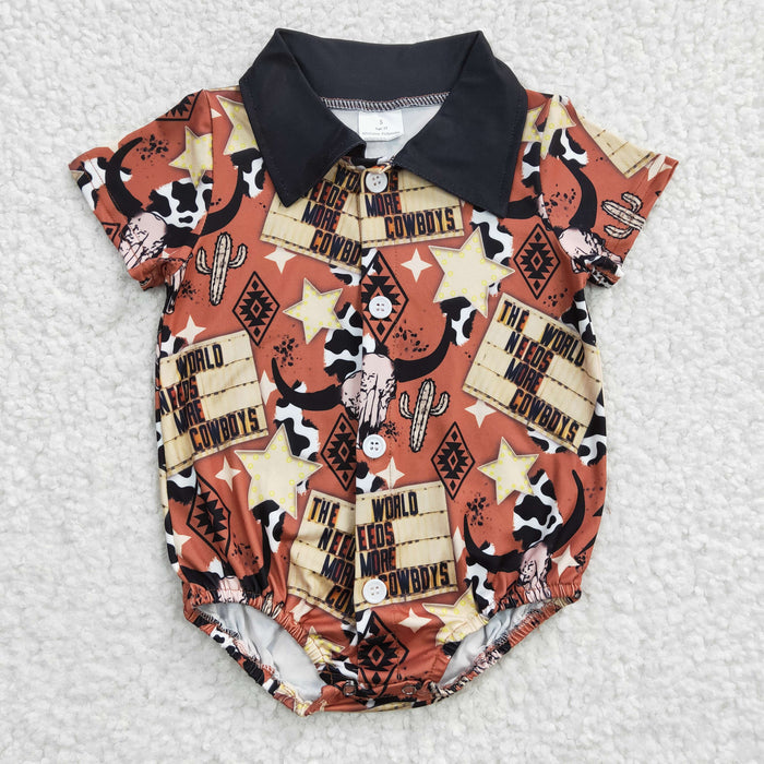 Baby boys western print buttons romper      SR0193