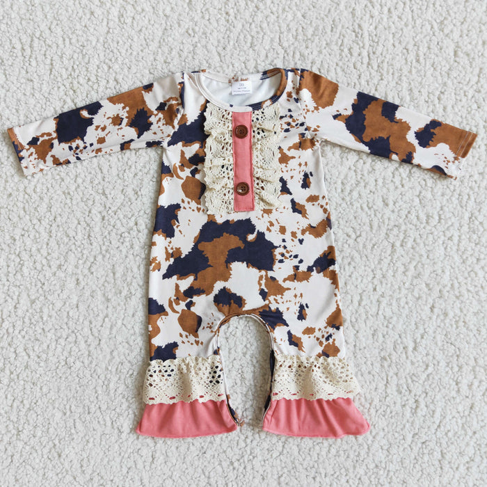 Baby girls brown cow print long sleeve romper