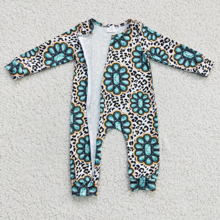 Baby long sleeve turquoise leopard zipper romper   LR0254
