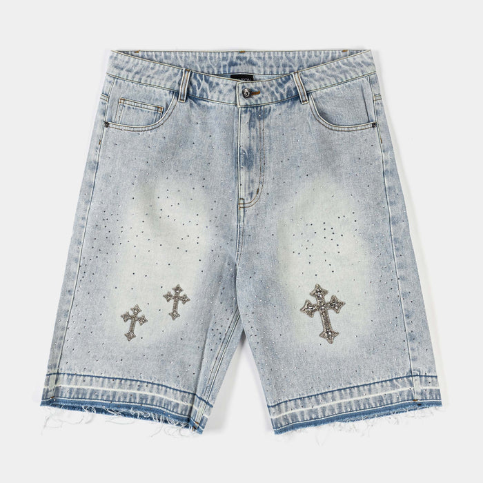 Bling Crosses Denim Mens Shorts (Blue)