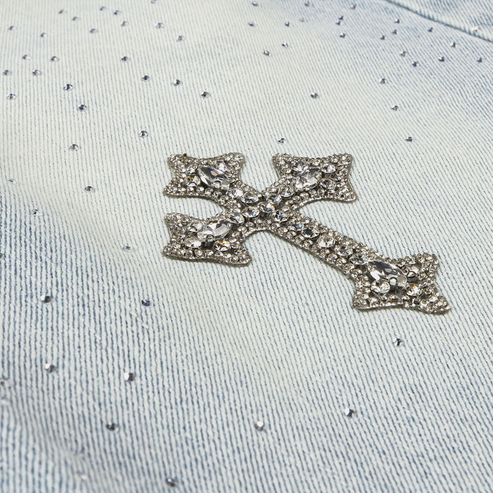 Bling Crosses Denim Mens Shorts (Blue)