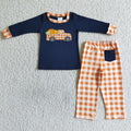 BLP0002 Pumpkin Truck Embroidery Navy Top Orange Plaid Pants Boys Fall Clothes Set