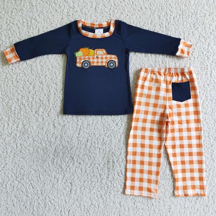 BLP0002 Pumpkin Truck Embroidery Navy Top Orange Plaid Pants Boys Fall Clothes Set