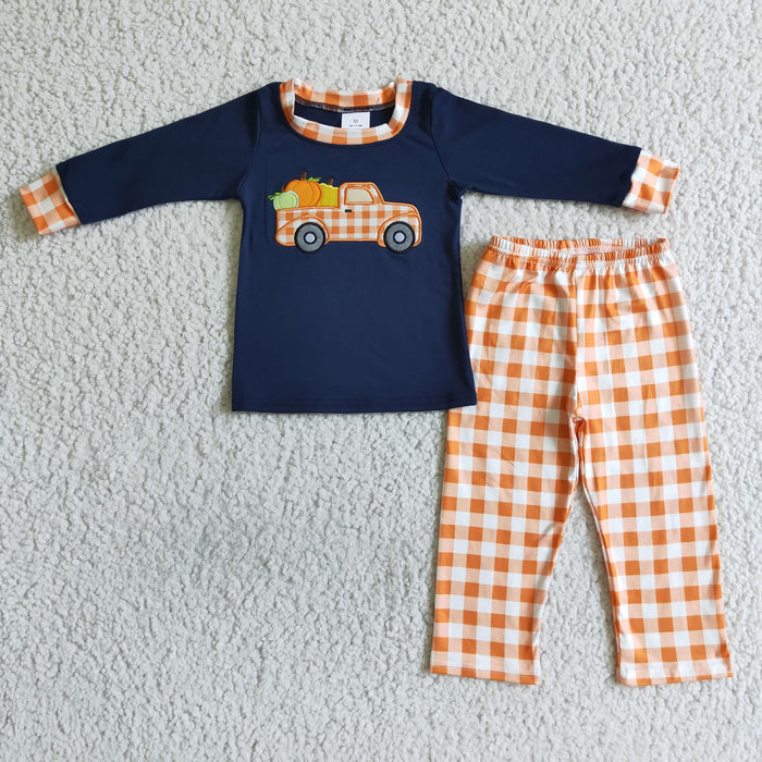 BLP0002 Pumpkin Truck Embroidery Navy Top Orange Plaid Pants Boys Fall Clothes Set