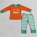 BLP0003 Pumpkin Smiling Embroidery Orange Top Stripes Pants Boys Halloween Pajamas Clothes Set