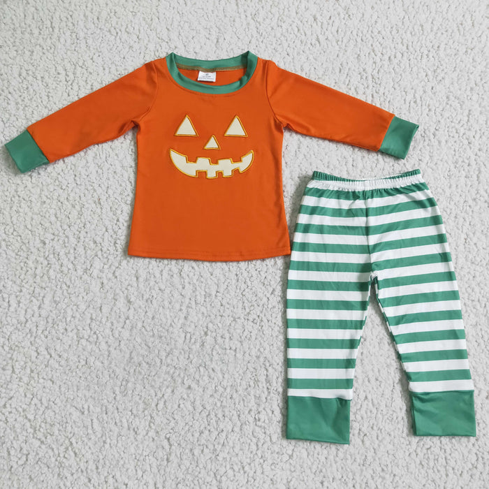 BLP0003 Pumpkin Smiling Embroidery Orange Top Stripes Pants Boys Halloween Pajamas Clothes Set