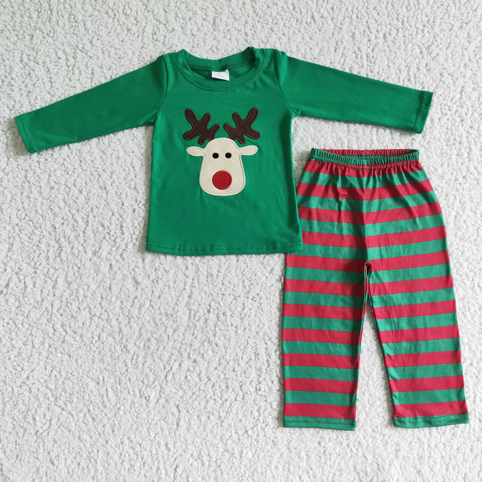 BLP0008 Deer Embroidery Green Top Stripes Pants Boys Christmas Clothes Set