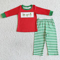 BLP0011 Cartoon Shelf Red Top Green Stripes Boys Christmas Clothes Set