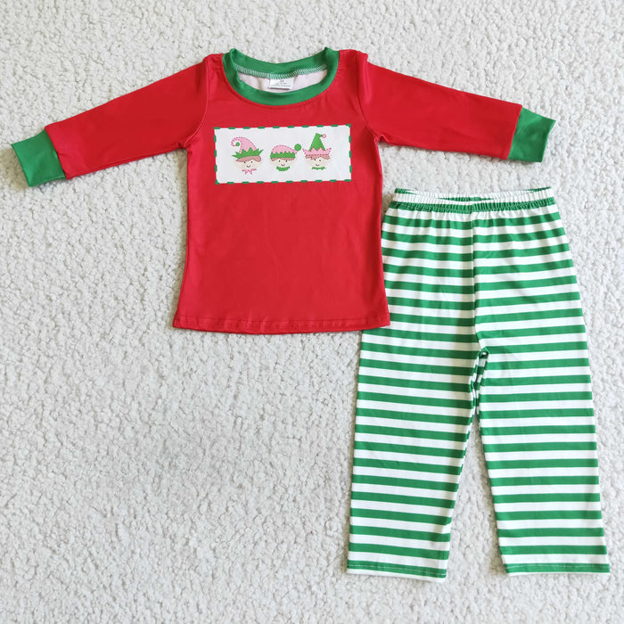 BLP0011 Cartoon Shelf Red Top Green Stripes Boys Christmas Clothes Set