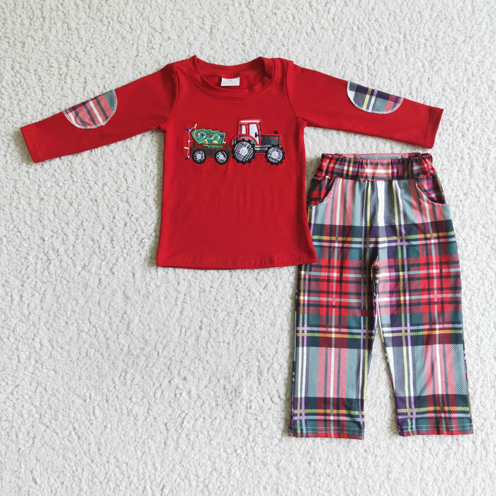BLP0013 Tractor Tree Embroidery Red Top Checkered Pants Boys Christmas Clothes Set