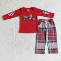 BLP0013 Tractor Tree Embroidery Red Top Checkered Pants Boys Christmas Clothes Set