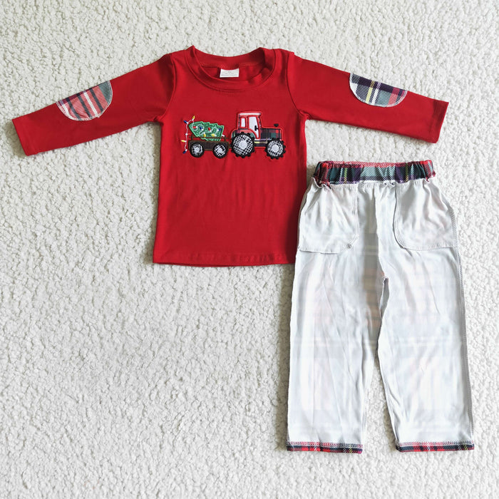 BLP0013 Tractor Tree Embroidery Red Top Checkered Pants Boys Christmas Clothes Set