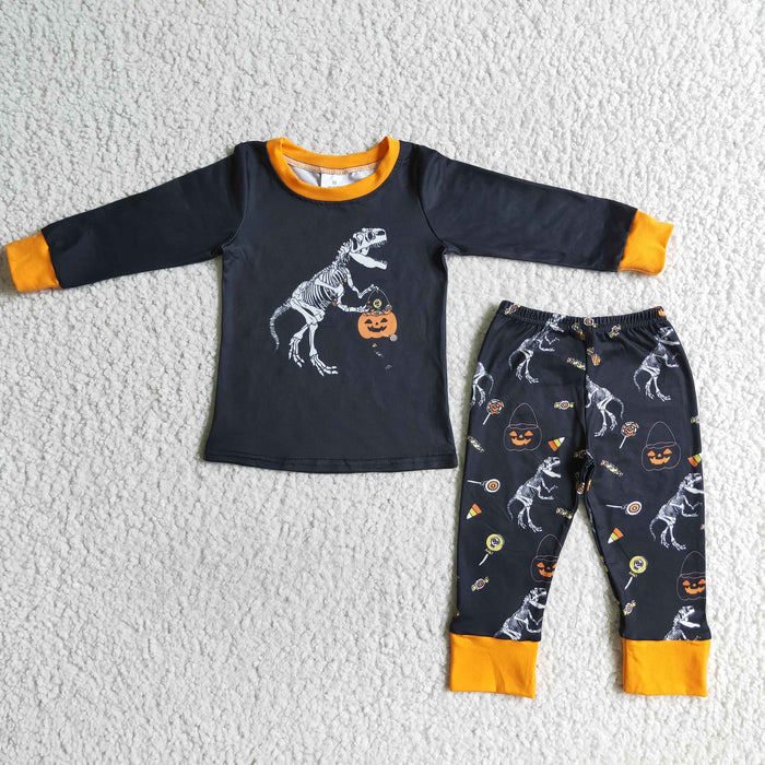 BLP0015 Dino Pumpkin Print Boys Halloween Clothes Set