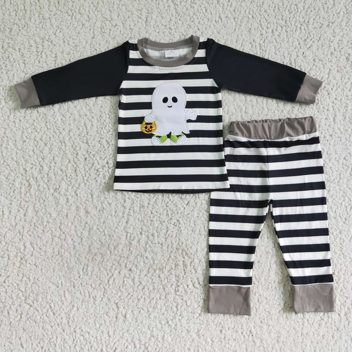 BLP0018 Ghost Embroidery Stripes Print Boys Halloween Clothes Set