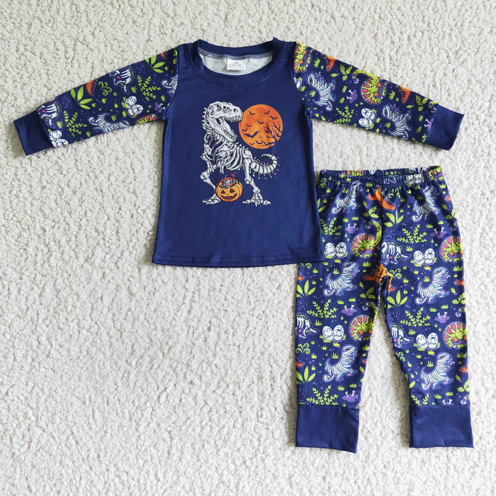 BLP0025 Dino Pumpkin Print Boys Halloween Clothes Set