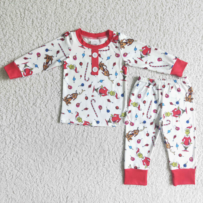 BLP0028 Green Frog Candy Cane Print Boys Christmas Clothes Set