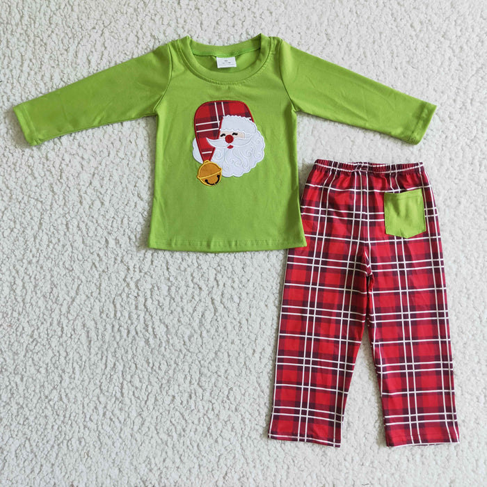 BLP0034 Santa Embroidery Top Checkered Pants Boys Christmas Clothes Set