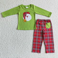 BLP0034 Santa Embroidery Top Checkered Pants Boys Christmas Clothes Set