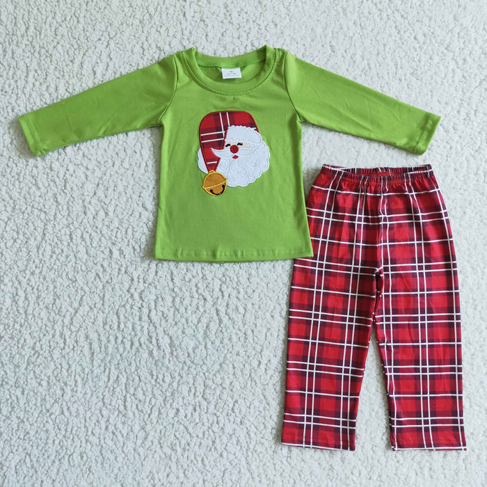 BLP0034 Santa Embroidery Top Checkered Pants Boys Christmas Clothes Set