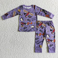BLP0035 Witch Purple Print Kids Halloween Pajamas Clothes Set