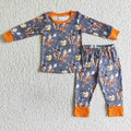BLP0039 Highland Cow Pumpkin Print Boys Halloween Pajamas Clothes Set