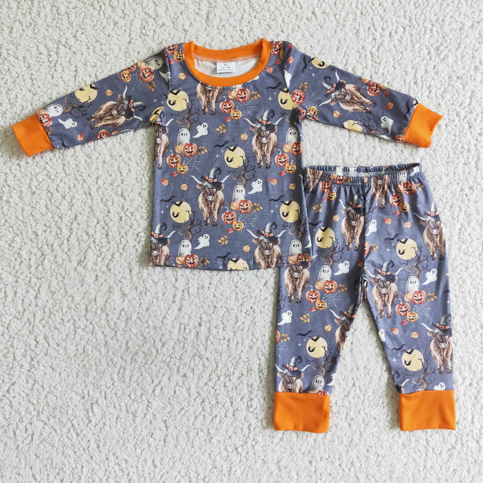 BLP0039 Highland Cow Pumpkin Print Boys Halloween Pajamas Clothes Set
